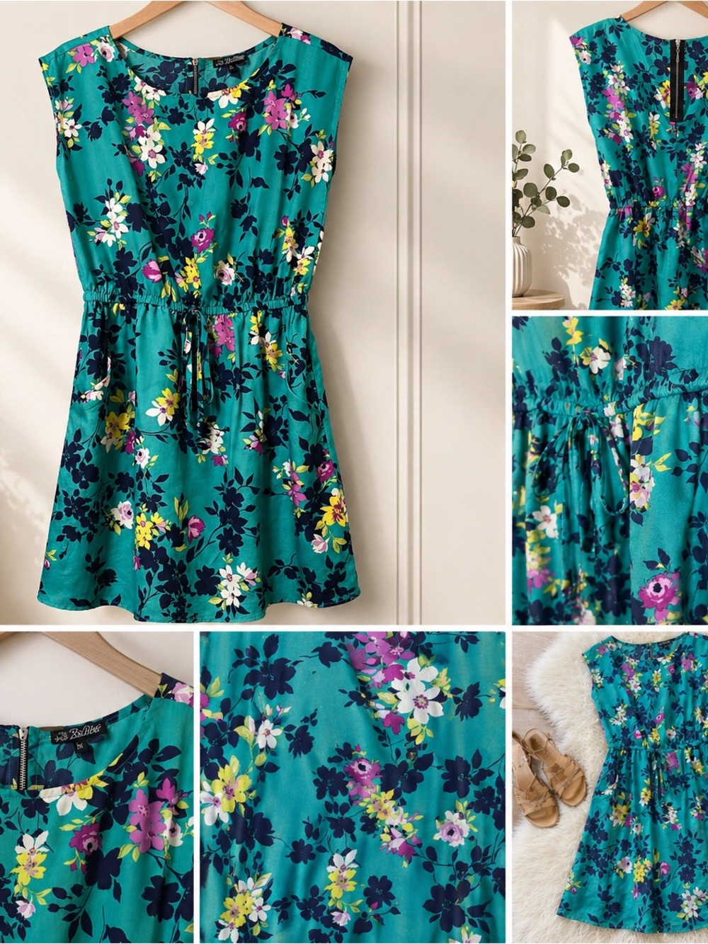 Teal Floral Fit & Flare Dress | Size Medium | Pockets & Back Zipper
